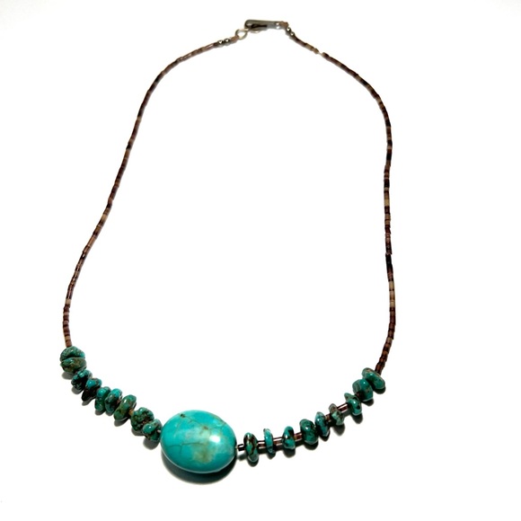 Vintage Native American Turquoise Heishi Bead Necklace Turquoise Chips & Shell - Picture 3 of 8